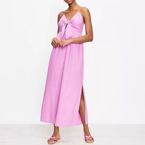 LOFT Beach Tie Front Pink Strappy Linen Blend Maxi Dress Bow Detail Size Small